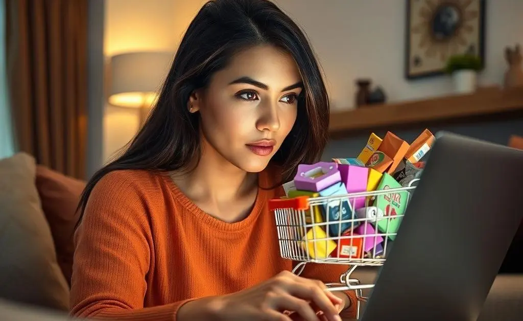 A woman staring at her overflowing online shopping cart.