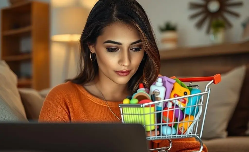 A woman staring at her overflowing online shopping cart on a laptop screen