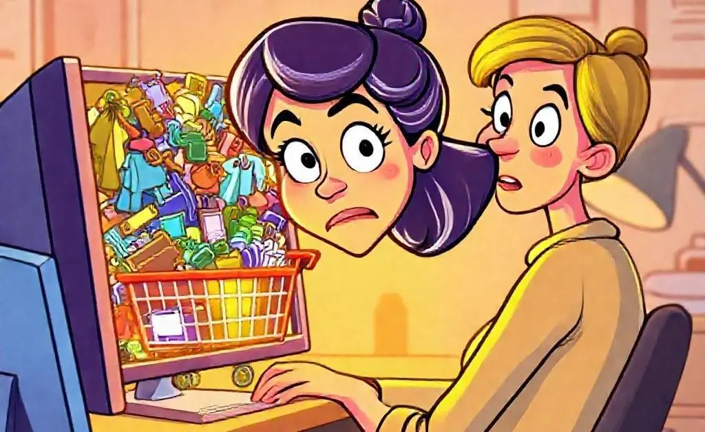 A woman staring at her overflowing online shopping cart