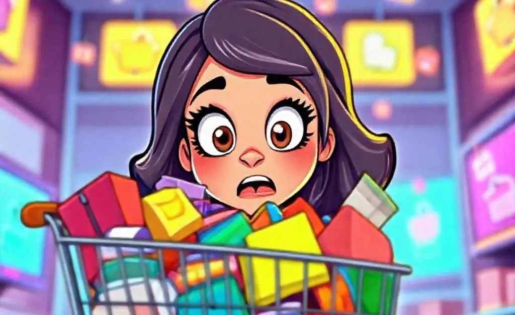 Cartoon woman looking at her overflowing online shopping cart with disbelief.