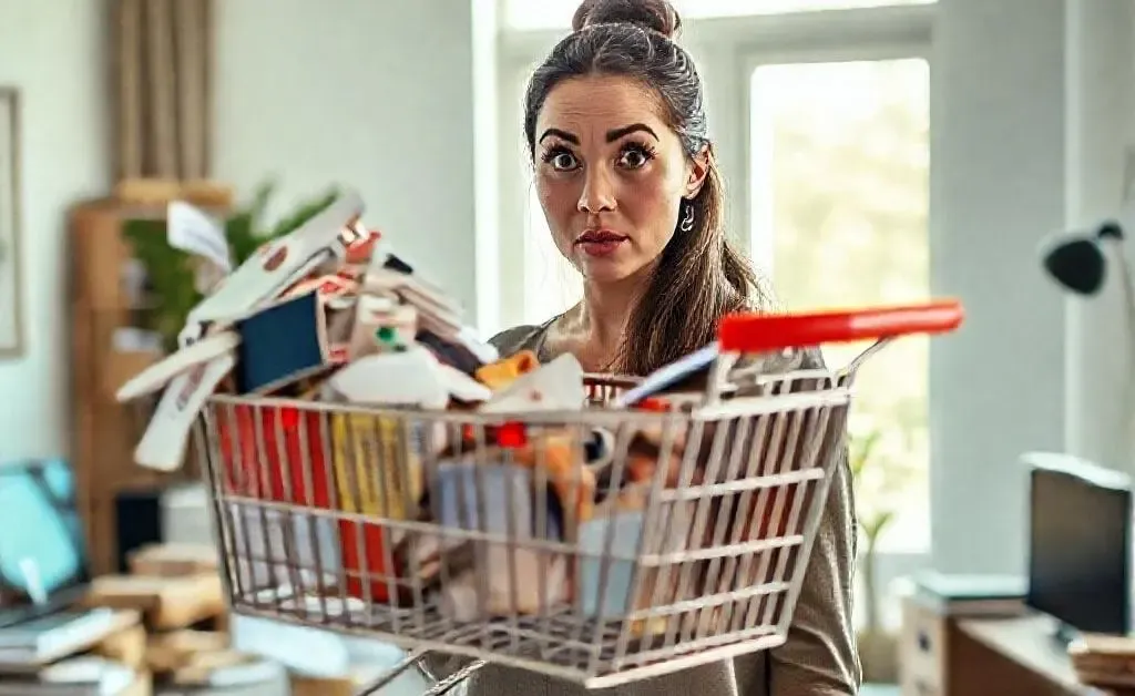 A woman staring at her overflowing online shopping cart