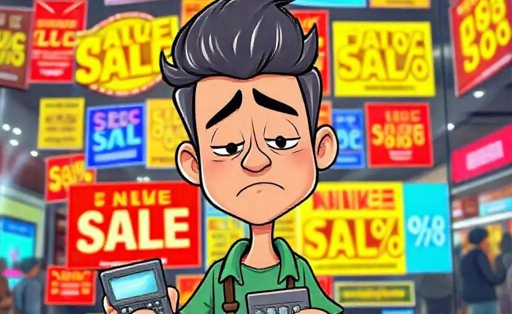 Cartoon character Alex holding a budget calculator with an exasperated expression, standing in front of a store window full of flashy sales signs