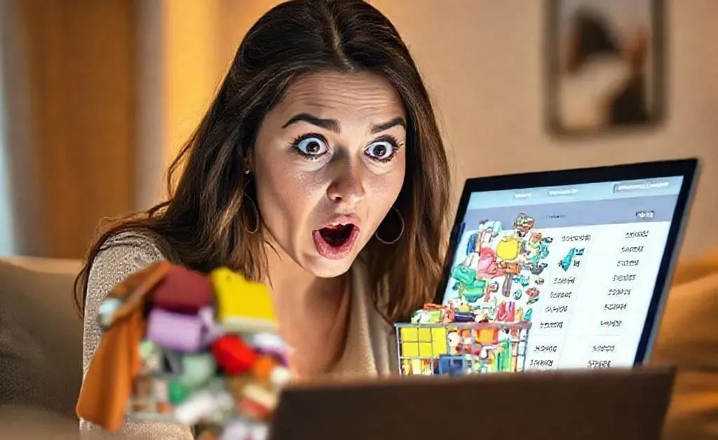A woman staring at her overflowing online shopping cart