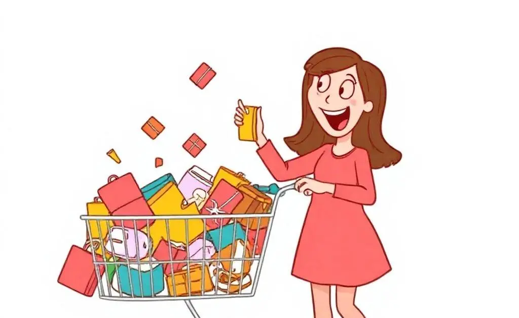 Cartoon woman eagerly adding multiple small items to an overflowing online shopping cart.