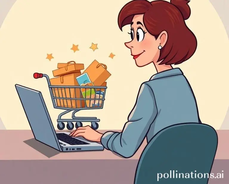 Cartoon woman staring at her overflowing online shopping cart on a laptop screen