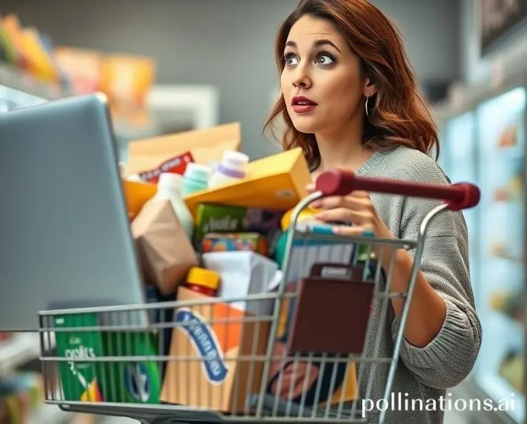A woman staring at her overflowing online shopping cart