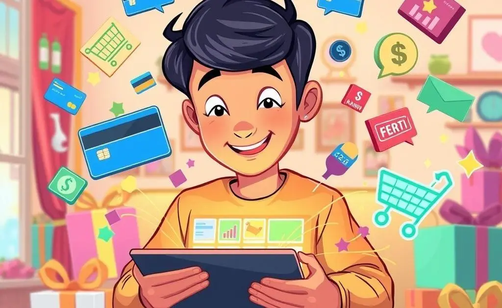 A cartoon character eagerly shopping online, with items piling up in their cart