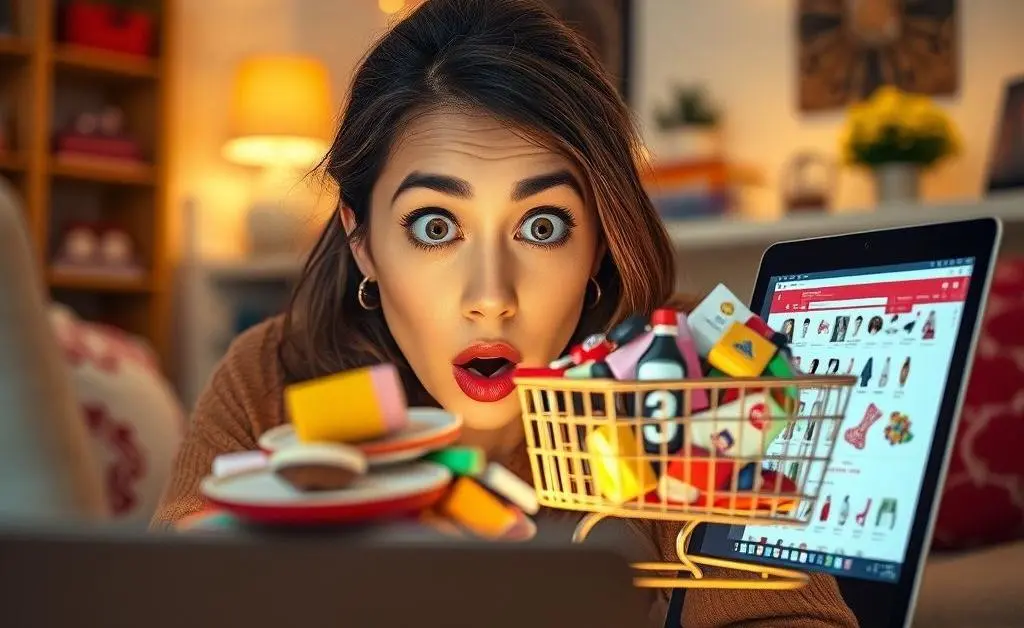 A woman staring at her overflowing online shopping cart