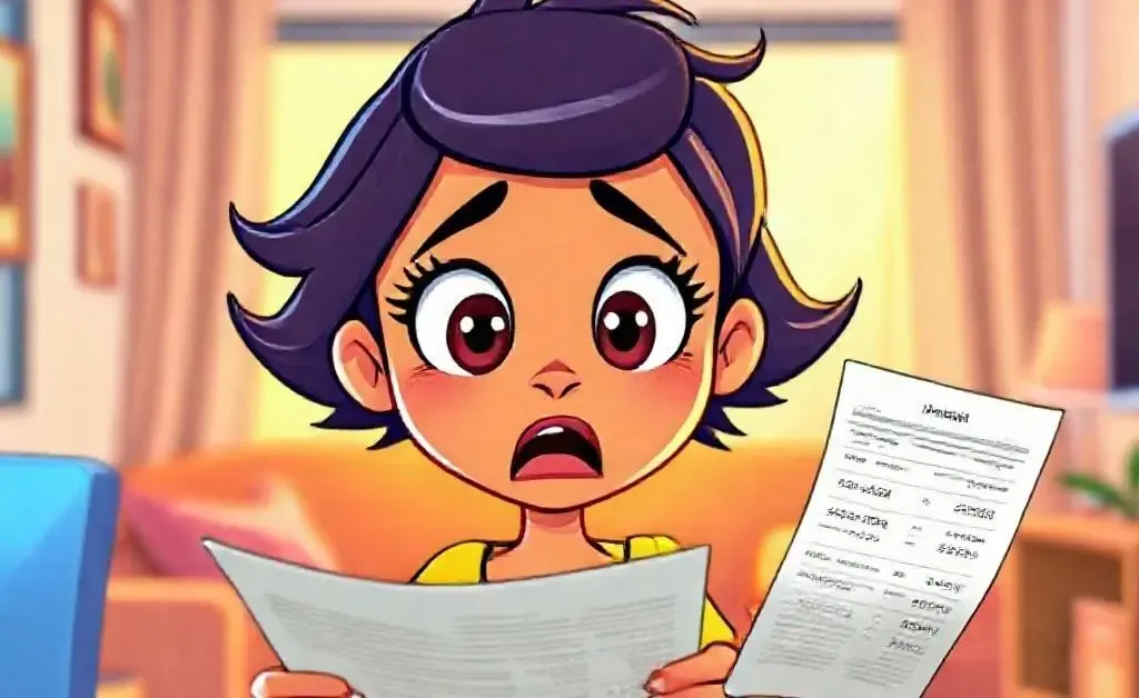 Cartoon Mia having a shocked expression as she looks at her bank statement