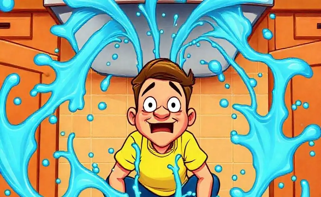 Cartoon man under the sink with water spraying all over