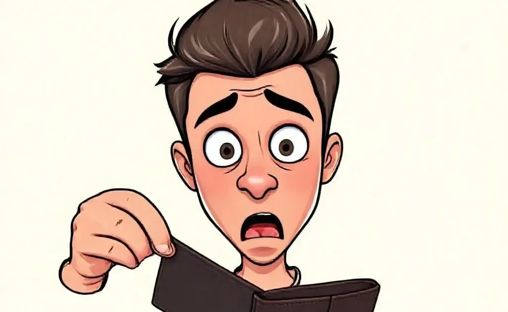 Same man staring at an empty wallet with a cartoonishly shocked face.