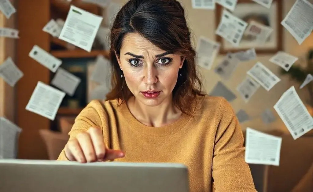 A woman clicking 'checkout' with a sheepish look on her face as bills and expenses fly in the background