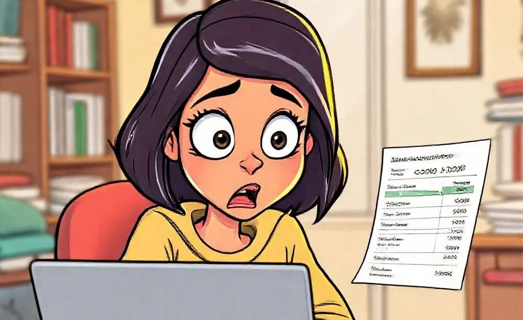 A woman shocked at her bank statement on her laptop