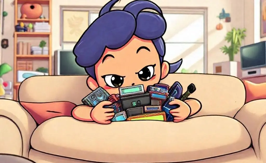 Cartoon character hiding a pile of new gadgets from her partner behind a sofa.
