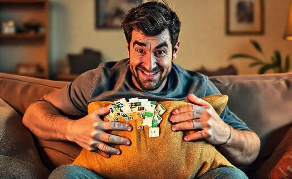 A man comically hiding a credit card bill under a couch cushion