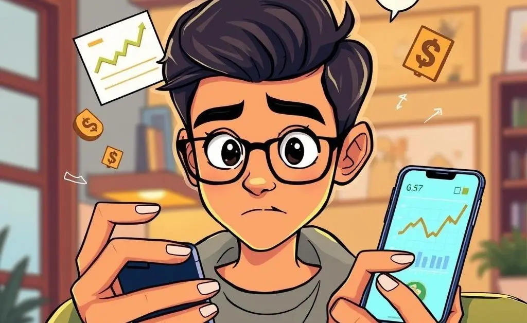 A cartoon of Mia checking her empty bank account on her smartphone