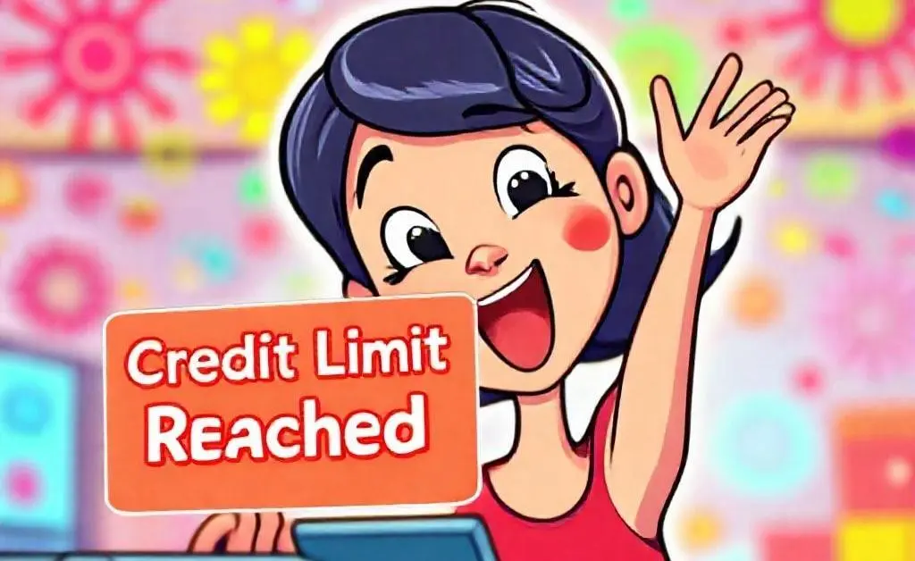 Mia swiping her credit card with a Credit Limit Reached warning