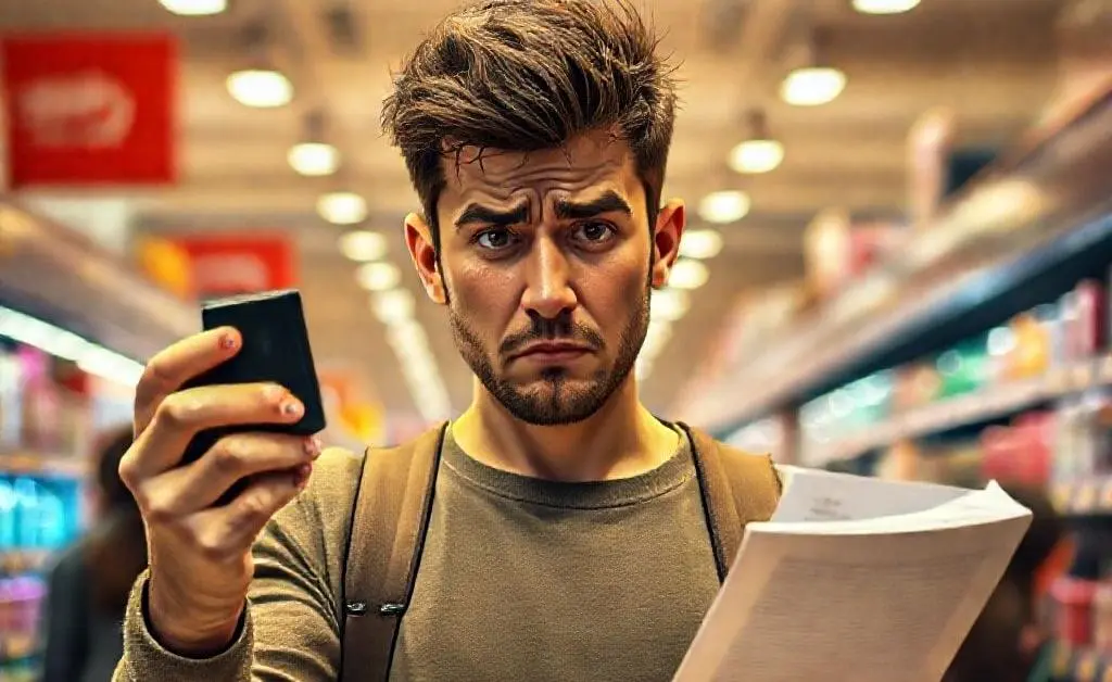 Inside a store, Alex is torn between grabbing a discount gadget and sticking to his shopping list, sweat dripping down his forehead