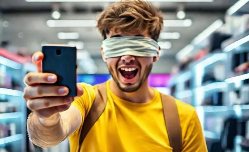 A man eagerly grabbing a new tech gadget while wearing a budget-blindfold