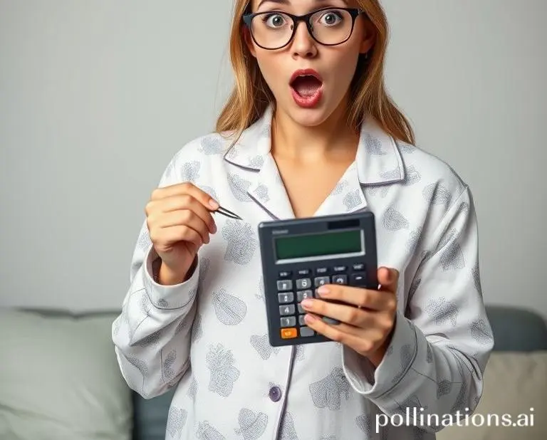 Mia in pajamas holding a calculator, showing shock