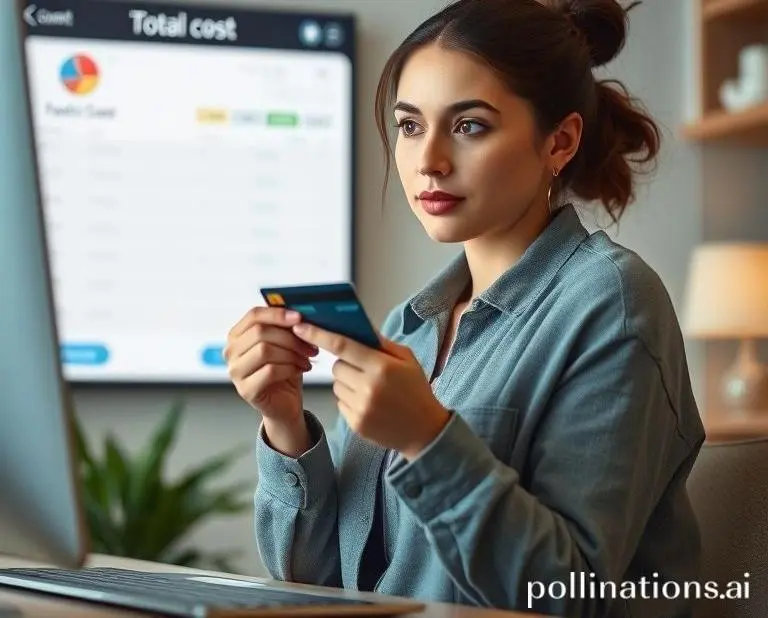 Mia holding her credit card pensively