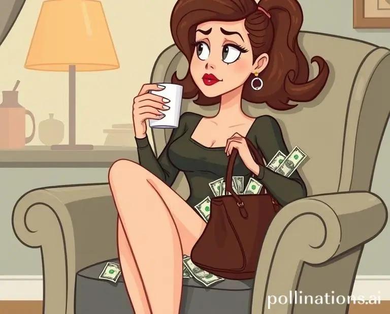 Cartoon woman sitting in a comfy chair, sipping a fancy coffee, looking guilty as bills spill out of her bag