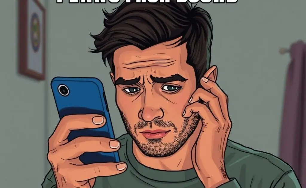 A man nervously checking his bank balance on his phone
