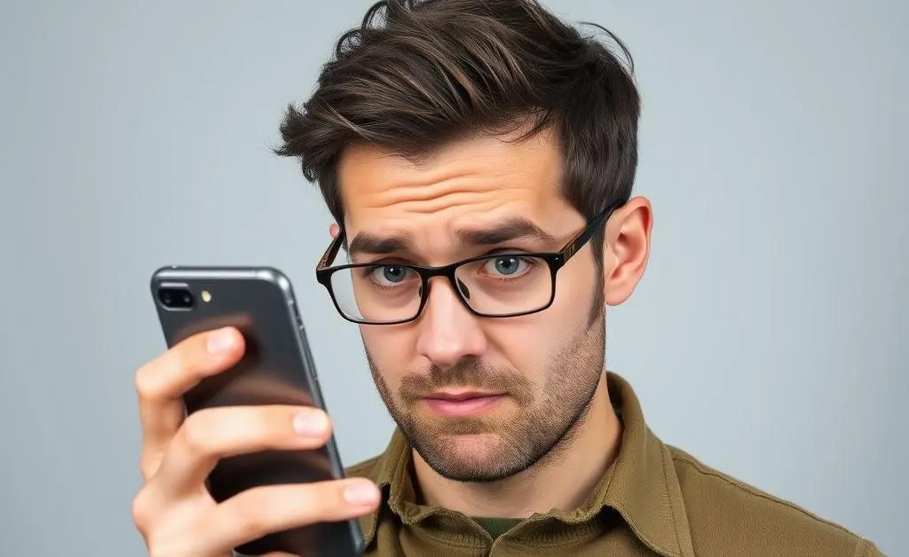 A man checking his bank balance on his phone, eyes widening in shock
