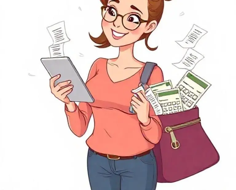 A cartoon woman calculating her budget with receipts spilling out of her purse