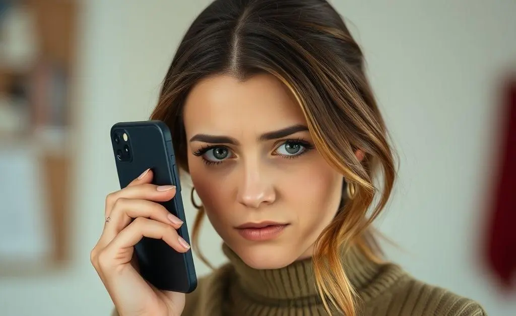 A woman anxiously checking her bank account on her phone