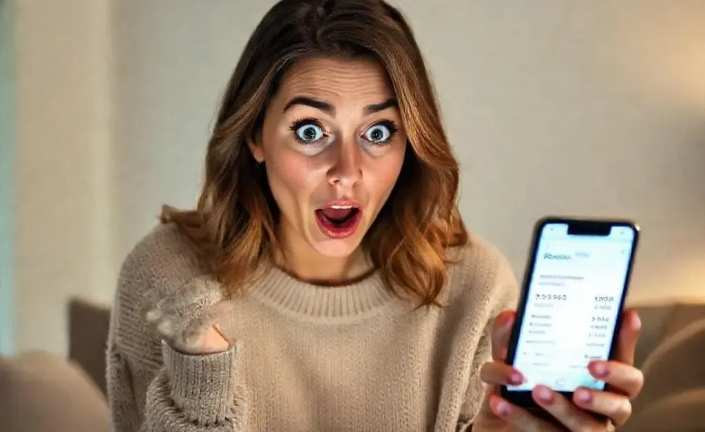 Same woman with surprised expression looking at her phone screen showing a high bank statement total
