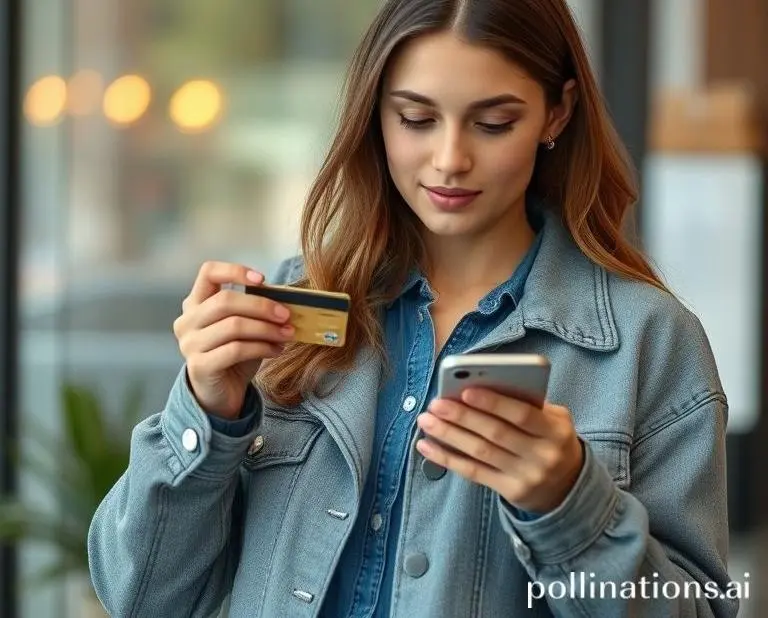 Mia pulling her credit card out with hesitation looking at her phone screen