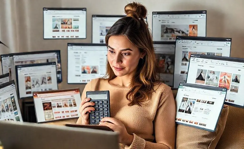 Woman sitting with multiple online shopping tabs open, holding a calculator