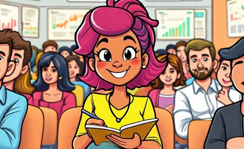 Cartoon Mia attending a financial planning workshop, taking notes