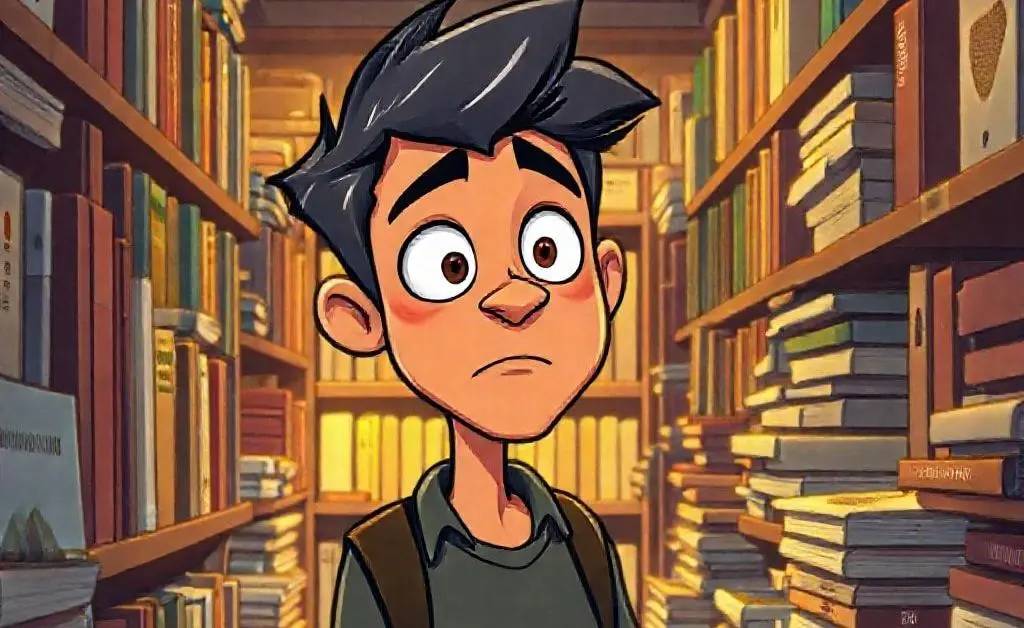 She navigates the investment aisle at the bookstore, her perplexed expression revealing the complexity of terms like