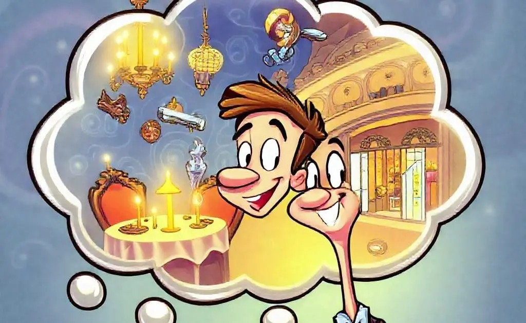 A cartoon thought bubble showing Sam imagining the extravagant ways he spent money: fancy dinners, gadgets, etc.