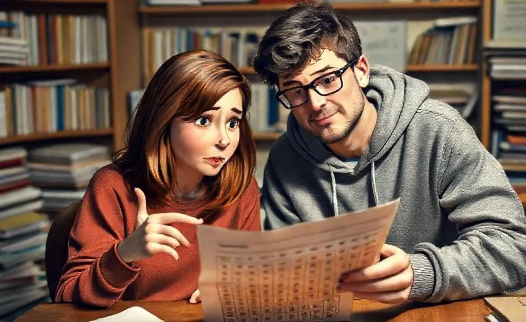 Mia sitting with a friend, who is also shaking their head at a calculator printout.