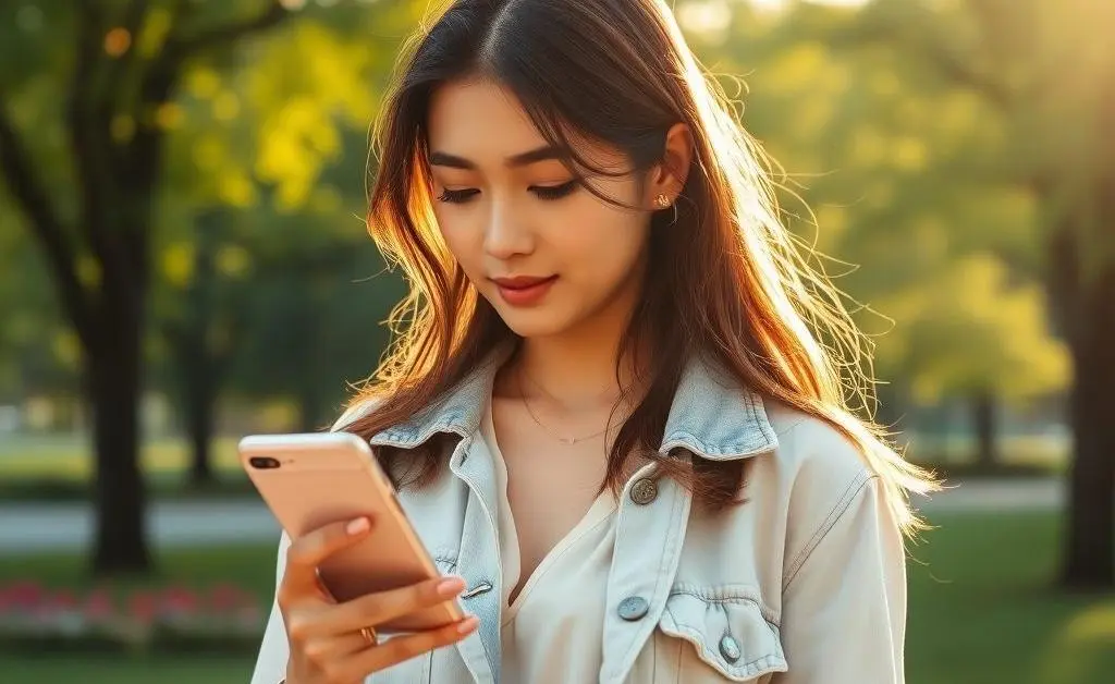 A woman looking at her bank account on her phone, wide-eyed in shock