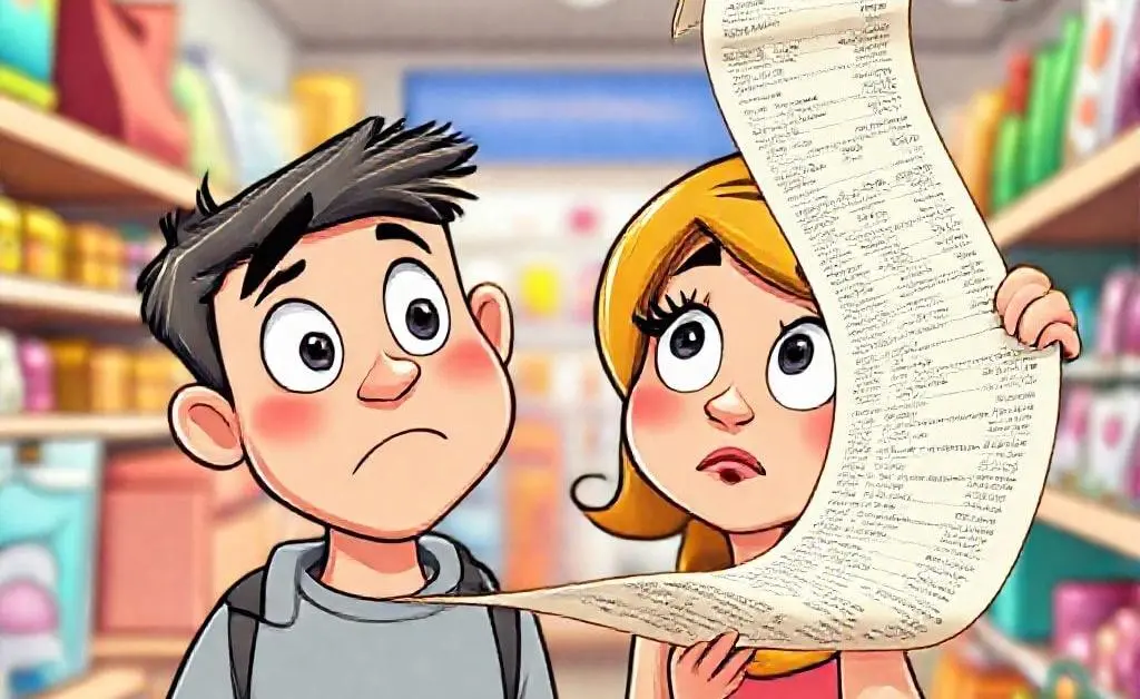 Cartoon couple staring at a long receipt with baffled expressions.