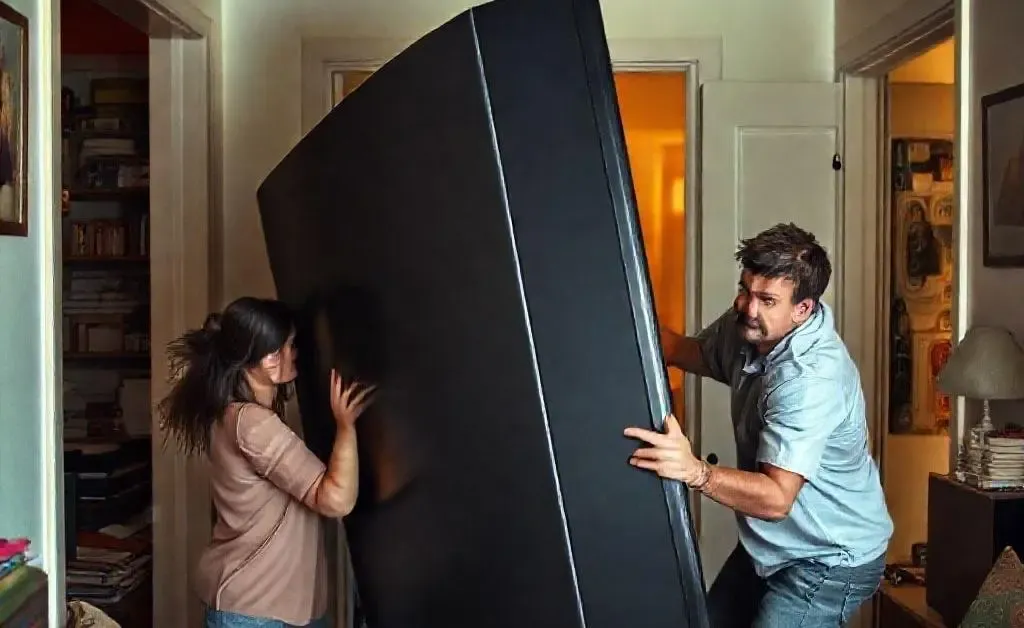 A couple very nervously attempting to fit a too-large TV into their tiny living room