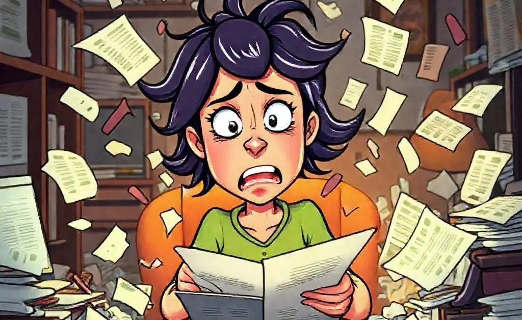 A cartoon showing Mia frantically calculating expenses and debts with papers scattered everywhere