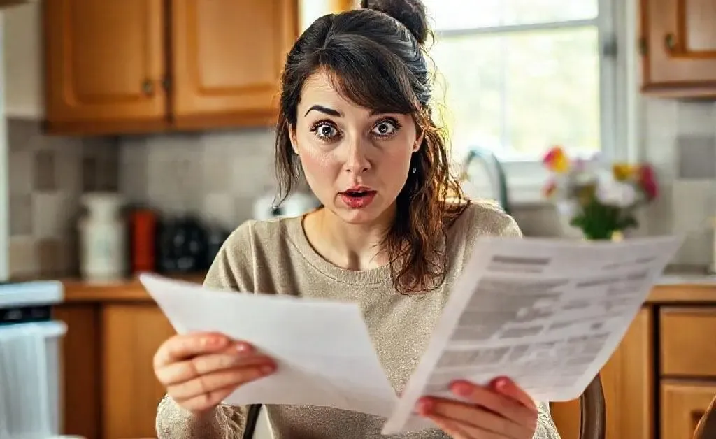 Mia reviewing her bank statement with shock
