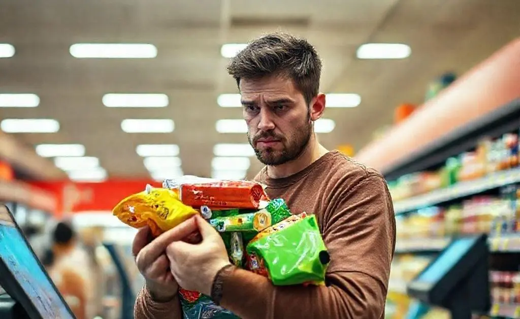 At the checkout counter, Alex looks regretful and defeated while holding an unexpected pile of impulse buys