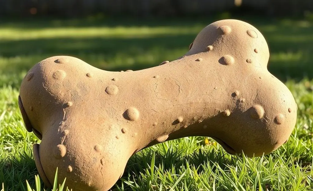 A dog carrying a large, expensive bone while giving puppy eyes to its owner