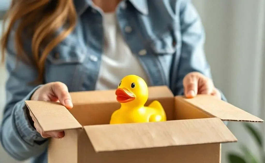 A woman opening a delivery box to reveal a trivial item like a rubber duck