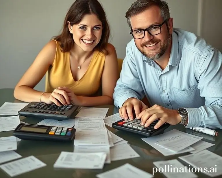 Mia and Max sitting at a table with calculators, surrounded by receipts