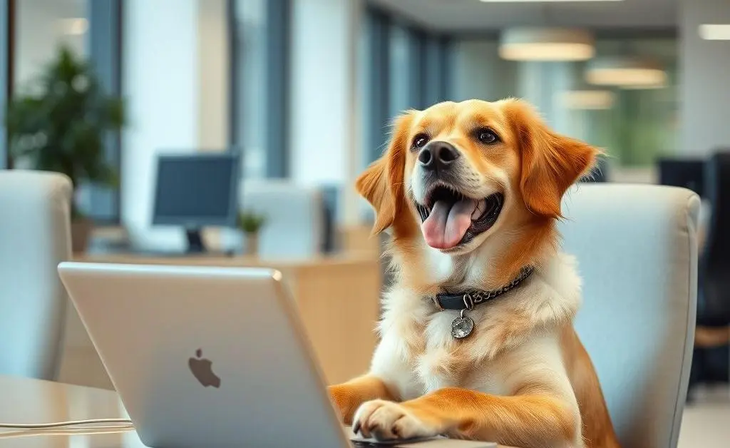 A dog, wearing glasses, 'typing' on a laptop with financial graphs on the screen.