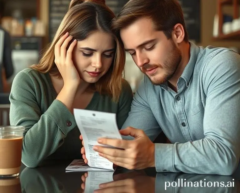 Mia and Tom facepalming together in a coffee shop, looking at a receipt