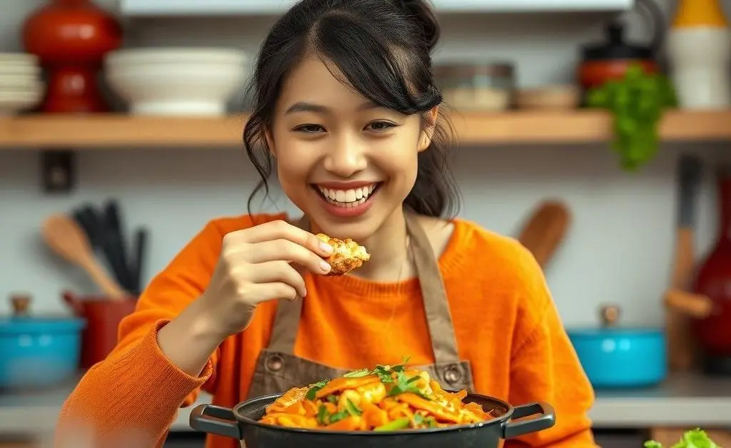 Mia cooking a meal with random leftovers, looking happy