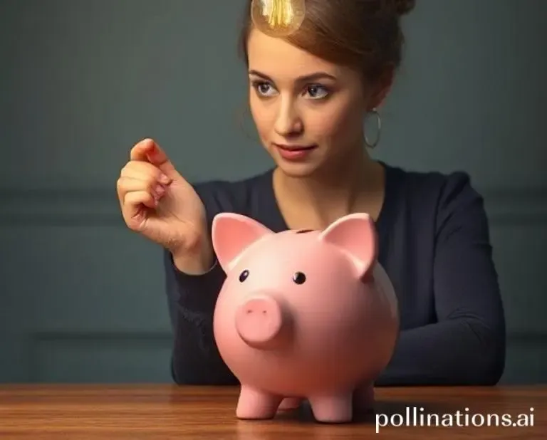 A woman with a lightbulb over her head looking at a piggy bank